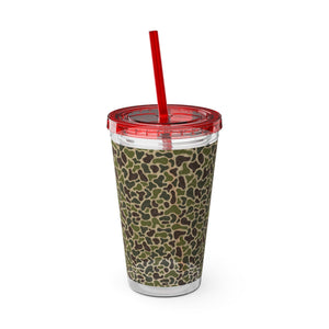 16oz acrylic Sunsplash Tumbler with a green camouflage pattern, red lid, and matching red straw.