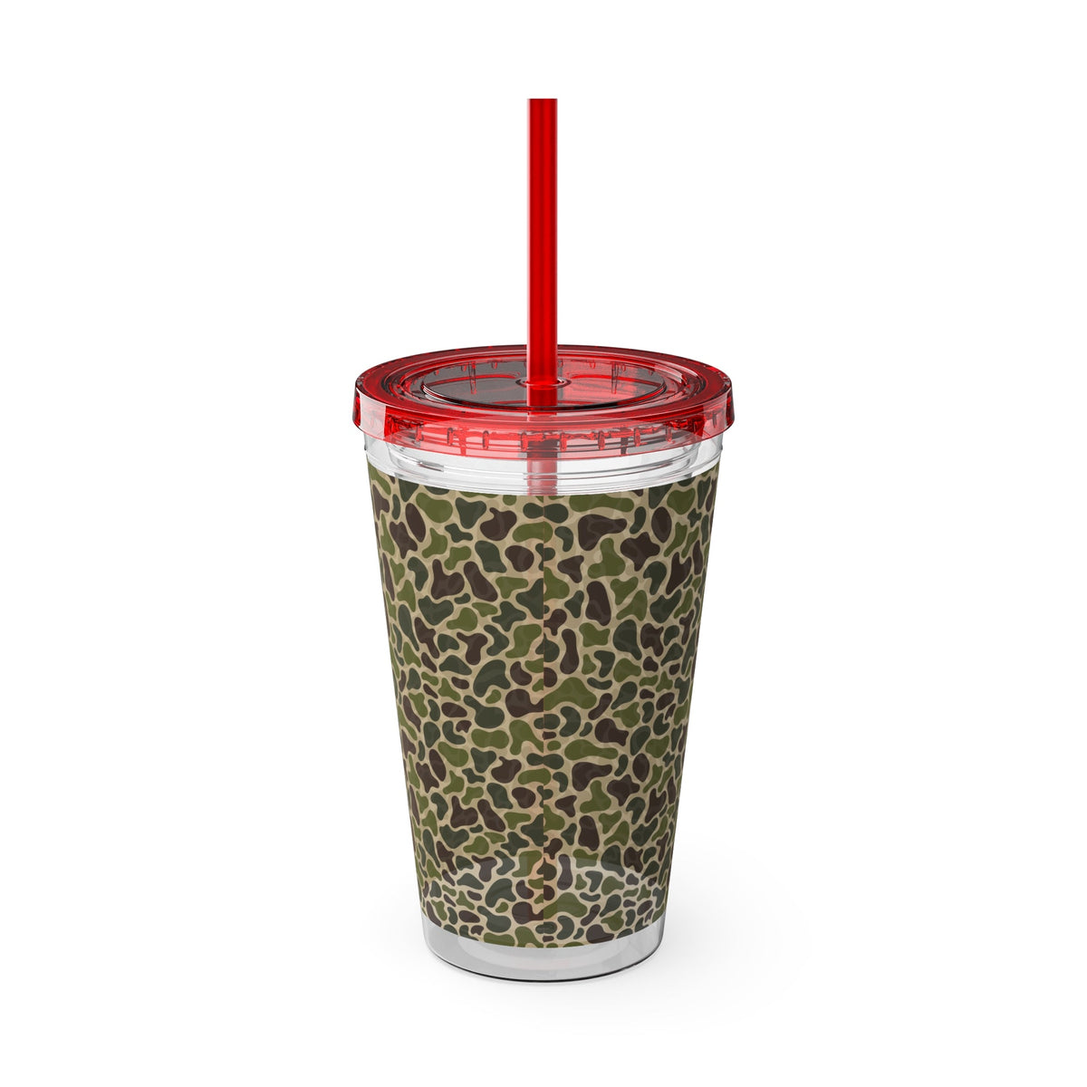 16oz acrylic Sunsplash Tumbler with a green camouflage pattern, red lid, and matching red straw.