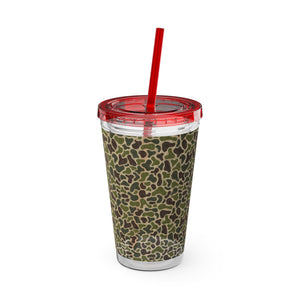 16oz acrylic Sunsplash Tumbler with a green camouflage pattern, red lid, and matching straw.