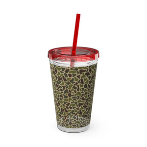 16oz acrylic Sunsplash Tumbler with a green camouflage pattern, red lid, and matching straw.