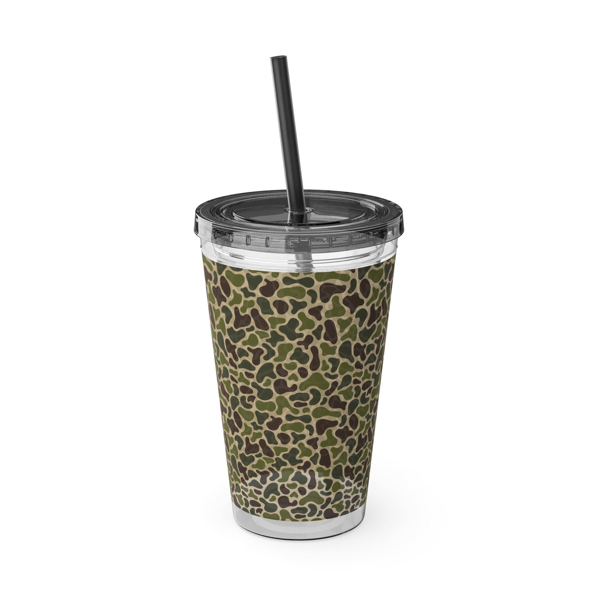 16oz acrylic tumbler with a green camouflage pattern, clear lid, and black straw.