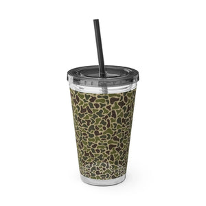 16oz acrylic tumbler with a green camouflage pattern, clear lid, and black straw.