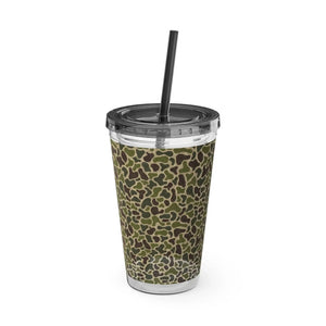 16oz Sunsplash Tumbler with Straw, featuring a green camouflage pattern, black lid, and straw.
