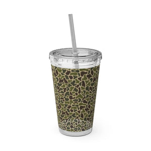 16oz acrylic tumbler with a green camouflage pattern, clear lid, and matching straw.