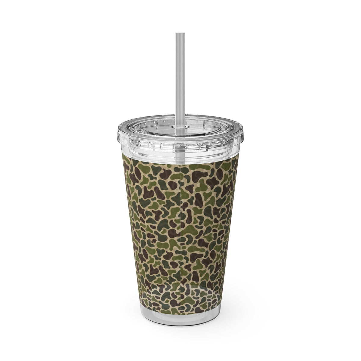 16oz acrylic tumbler with a clear lid, straw, and a green camouflage pattern.