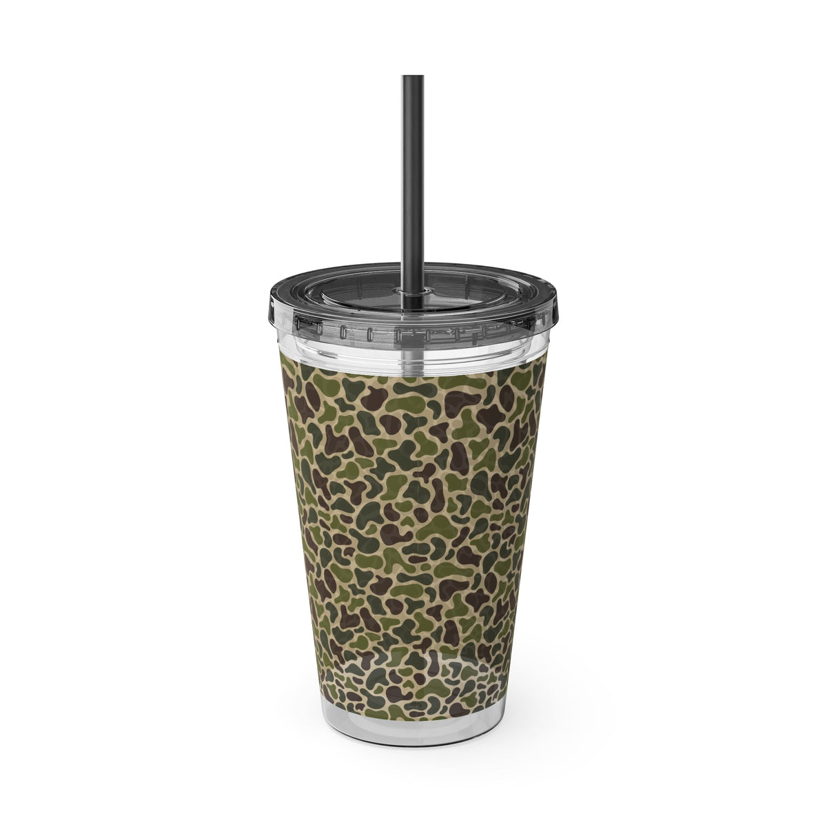 16oz acrylic Sunsplash Tumbler with straw, featuring a green and brown camouflage pattern.