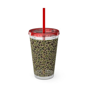 16oz acrylic tumbler with a green camouflage pattern, clear top, and red lid and straw.