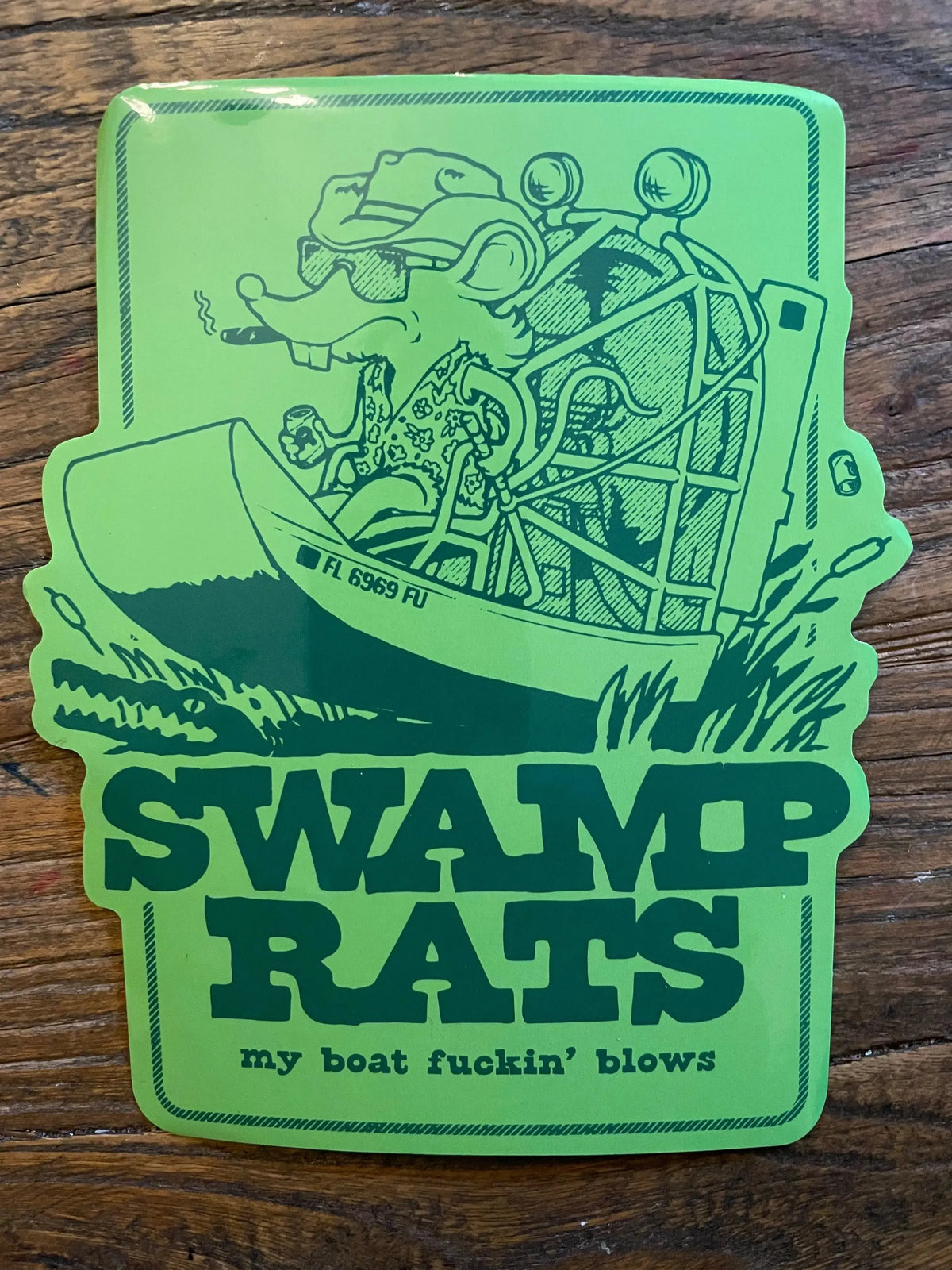 Green "Swamp Rats" decal featuring a rat in sunglasses smoking a cigar, driving an airboat.