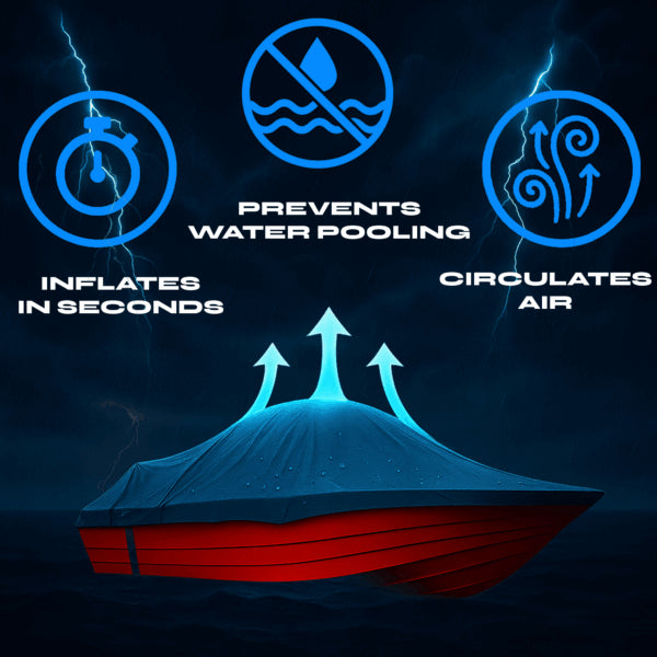 SwellUP inflatable boat cover support system on a red boat, preventing water pooling and circulating air.