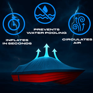SwellUP inflatable boat cover support system on a red boat, preventing water pooling and circulating air.
