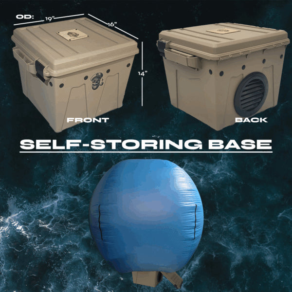 SwellUP inflatable boat cover support system with tan self-storing base and blue inflatable tensioner.