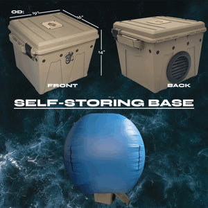 SwellUP inflatable boat cover support system with tan self-storing base and blue inflatable tensioner.