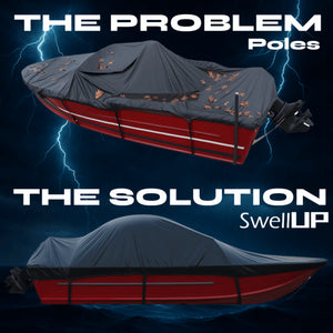 Top: Red boat with sagging, leaf-covered gray cover and support poles. Bottom: Same boat with tight, smooth gray cover using SwellUP.