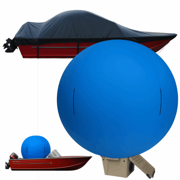 SwellUP inflatable boat cover support system by Batten Down inflating under a boat cover to prevent water pooling.