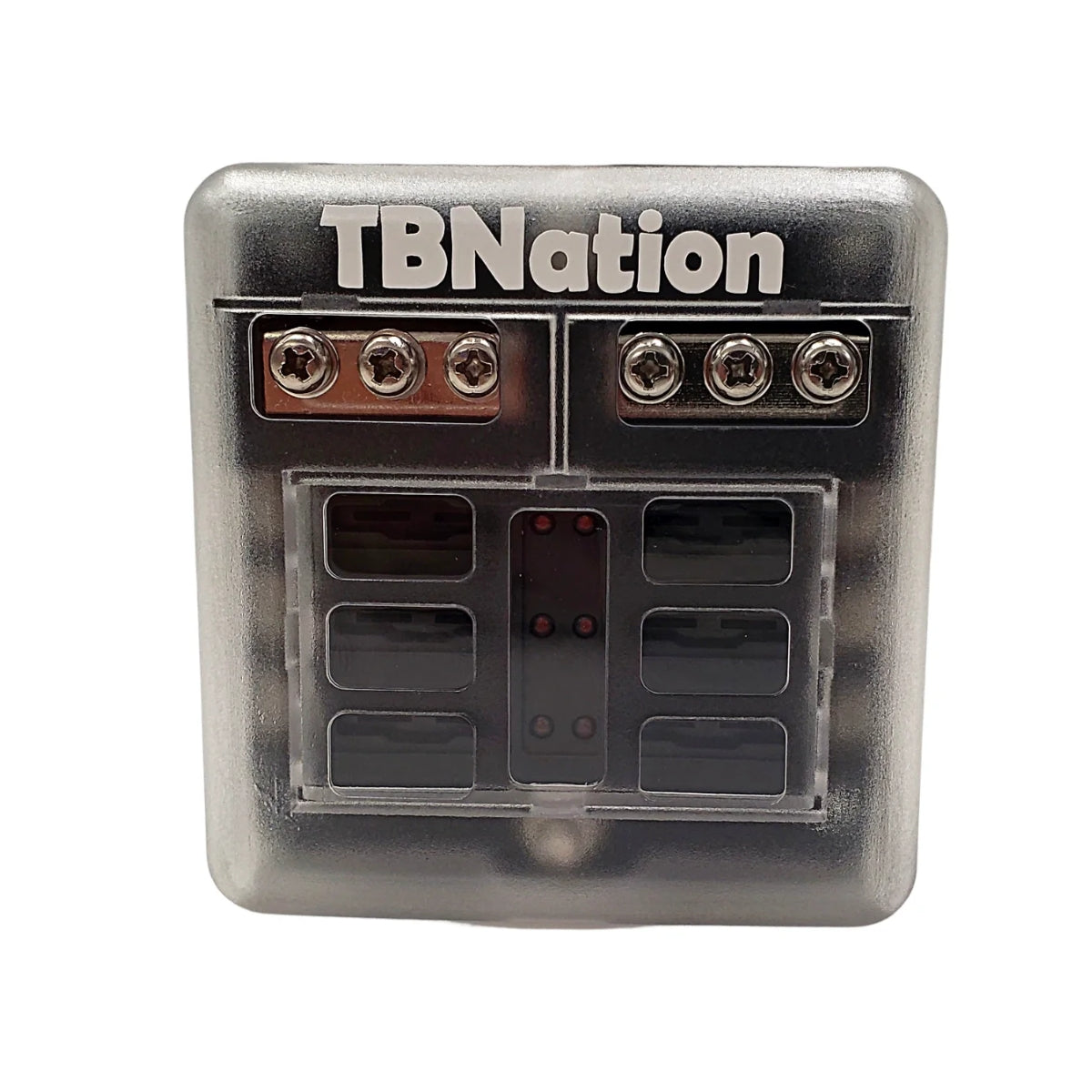 TBNation 6-way marine-grade fuse block with clear cover, negative busbar, and red indicator lights.