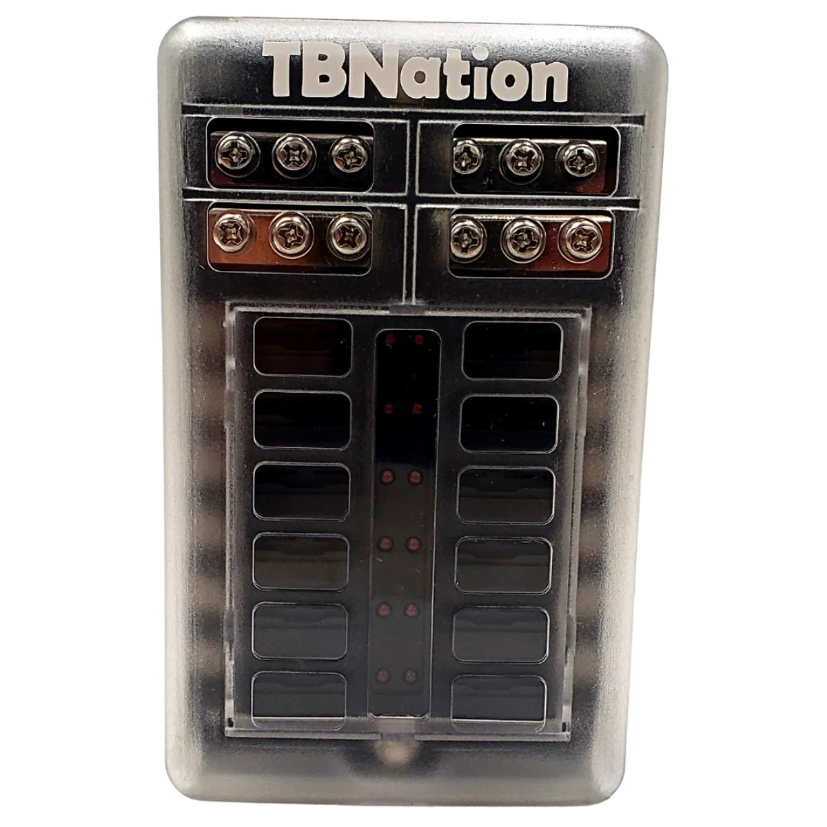 TBNation 12-way marine-grade fuse block with negative busbar, clear cover, and assorted colored fuses.