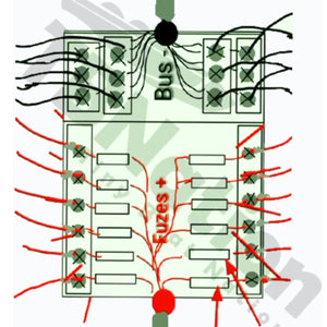 Diagram of a 12-way TBNation marine-grade fuse block with negative busbar, showing red positive and black negative wiring.