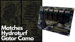 TBNation 6-gang rocker switch panel in green hydro-dipped Gator Camo aluminum with illuminated switches.