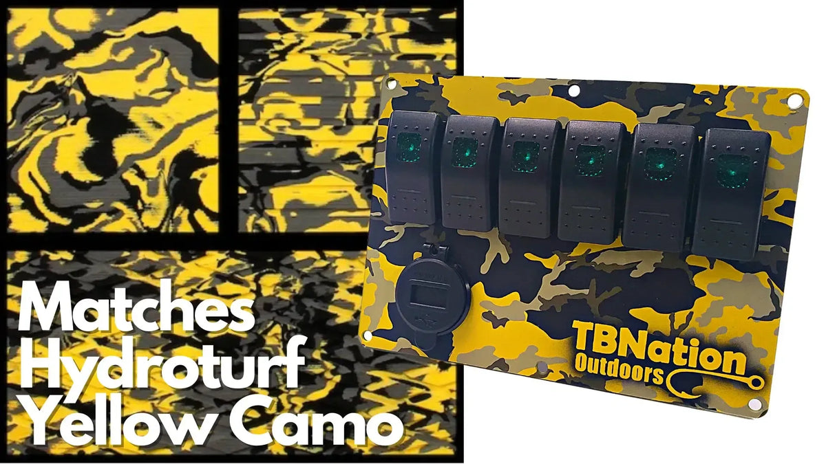 TBNation 6-gang rocker switch panel in yellow camo hydro-dipped aluminum with black switches.