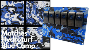 TBNation 6-gang rocker switch panel in blue camouflage hydro-dipped aluminum with six black switches.