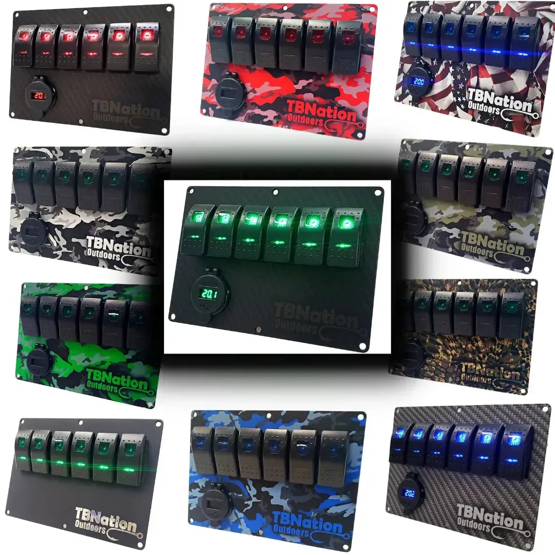 Assorted TBNation 6-gang rocker switch panels in carbon fiber, red, green, blue, and brown camo designs.
