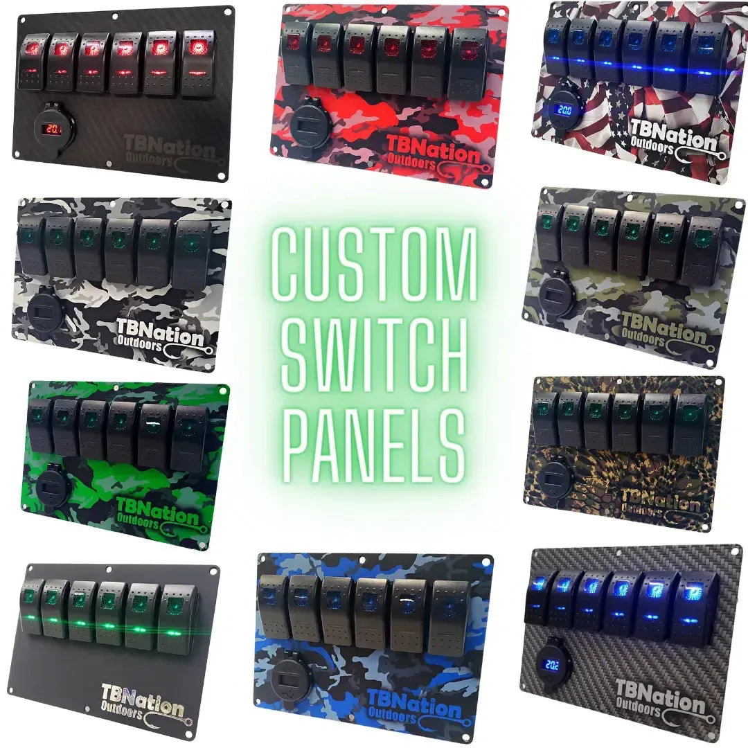 Assorted TBNation 6-gang rocker switch panels in carbon fiber, red, green, blue, and brown camo designs.