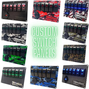 Assorted TBNation 6-gang rocker switch panels in various hydro-dipped aluminum camouflage patterns and carbon fiber.