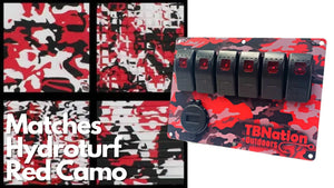 Red camo hydro-dipped aluminum 6-gang rocker switch panel with TBNation logo and USB port.