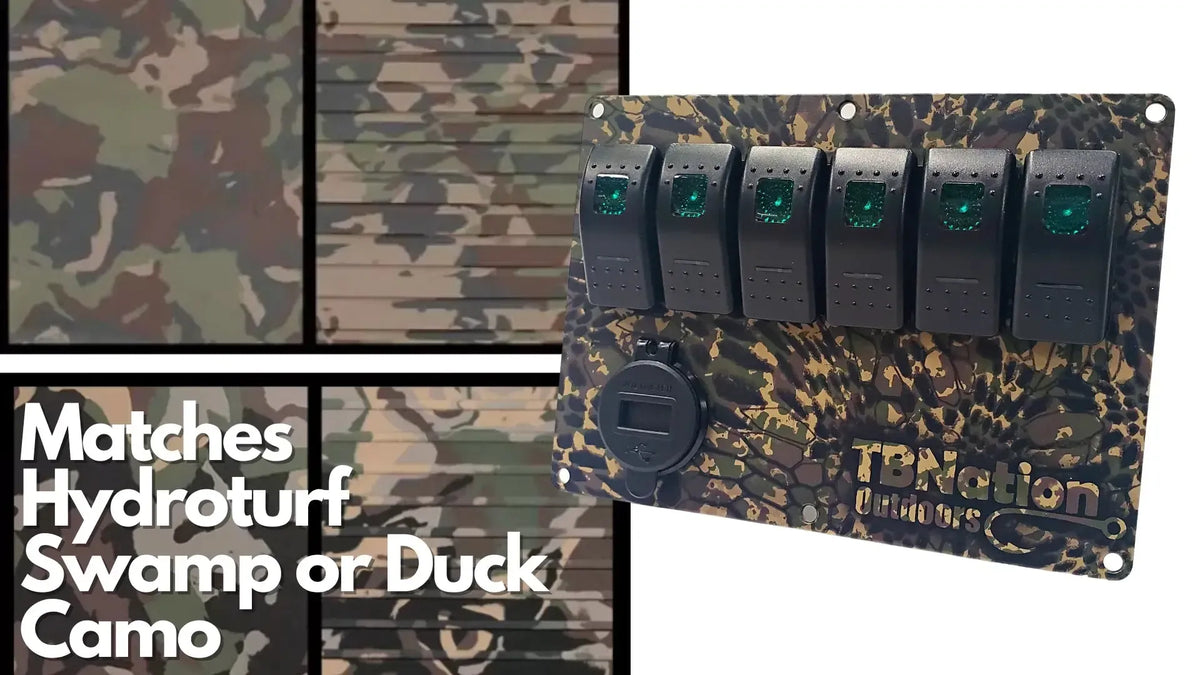 TBNation 6-gang rocker switch panel in swamp camo, featuring six black switches with green LEDs and a 12V outlet.