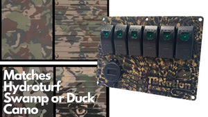 TBNation 6-gang rocker switch panel in swamp camo, featuring six black switches with green LEDs and a 12V outlet.