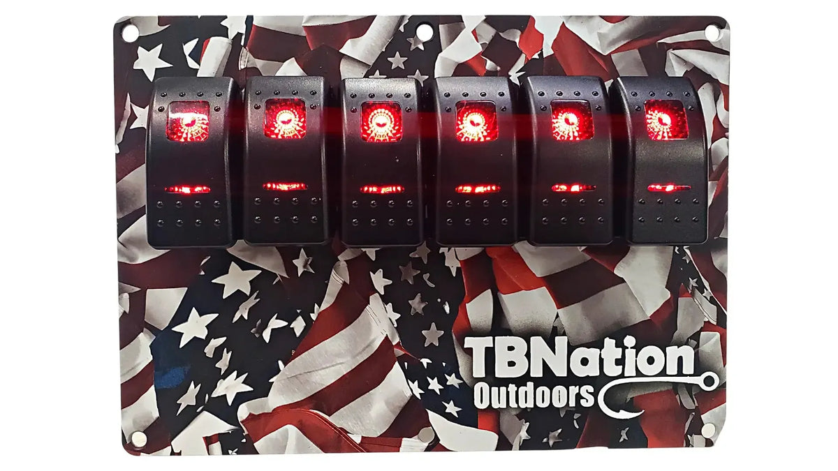 TBNation 6-gang rocker switch panel with a hydro-dipped American flag design and red LED switches.