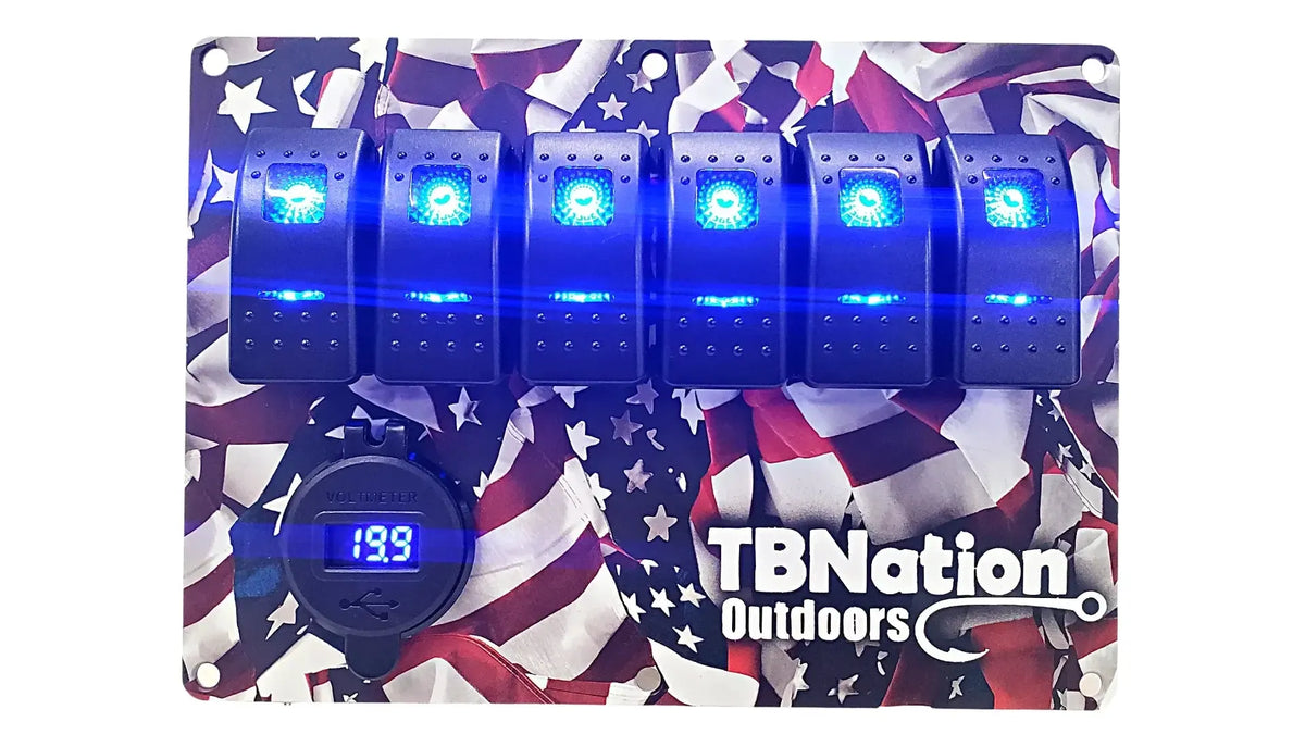 TBNation 6-gang rocker switch panel with American flag hydro-dipped aluminum plate and blue LED switches.