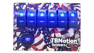 TBNation 6-gang rocker switch panel with American flag hydro-dipped aluminum plate and blue LED switches.