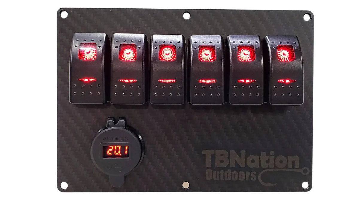 TBNation 6-gang carbon fiber switch panel with six red LED rocker switches and a digital voltmeter.