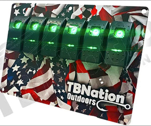 TBNation 6-gang rocker switch panel with green LED switches on an American flag hydro-dipped aluminum plate.
