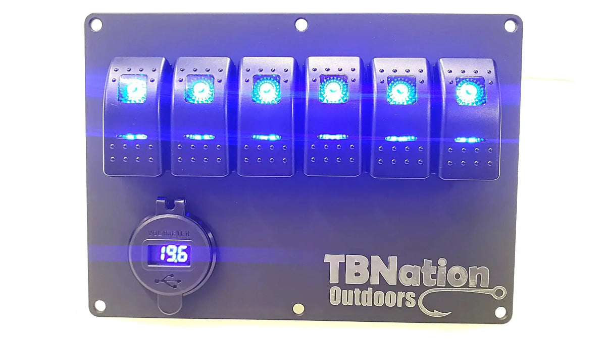 Black hydro-dipped aluminum TBNation 6-gang rocker switch panel with bright blue LED switches and voltmeter.