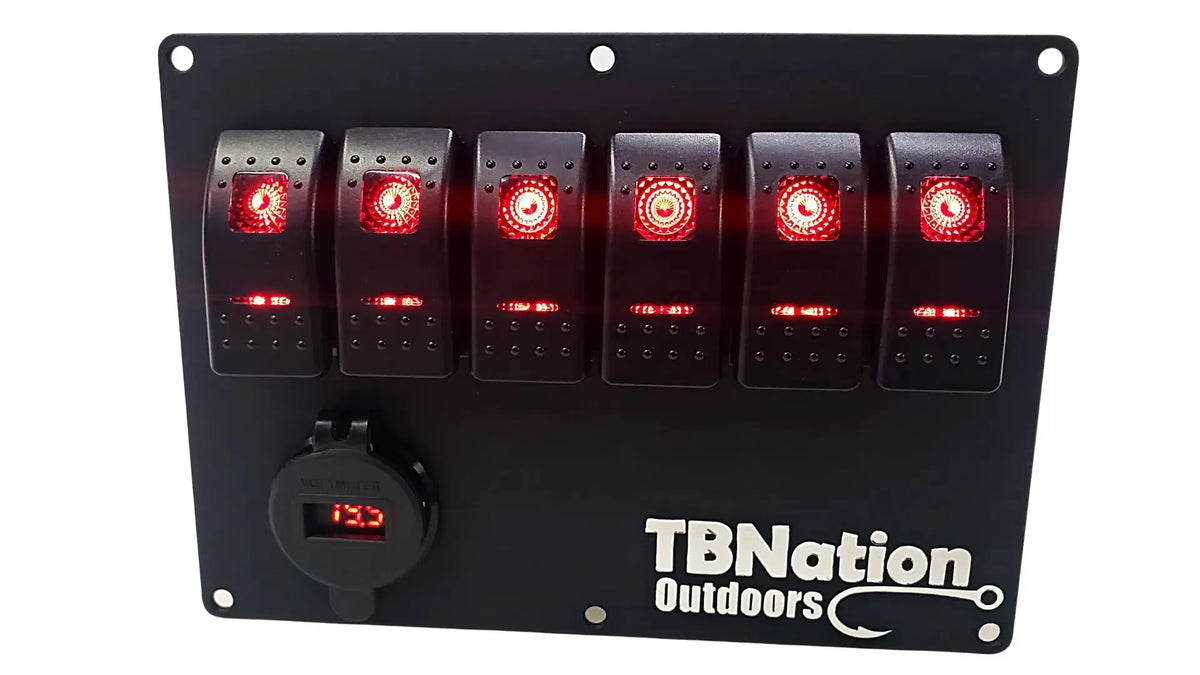 Black TBNation 6-gang hydro-dipped aluminum rocker switch panel with red LED switches and voltmeter.