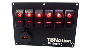 Black TBNation 6-gang hydro-dipped aluminum rocker switch panel with red LED switches and voltmeter.