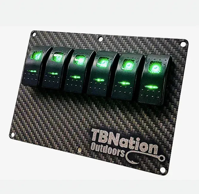 TBNation 6-gang rocker switch panel with carbon fiber hydro-dipped aluminum plate and green LED switches.