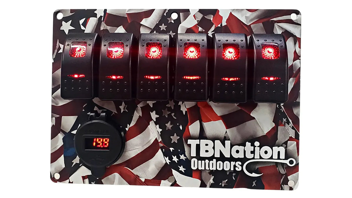 TBNation 6-gang rocker switch panel with American flag hydro-dipped aluminum plate and red LED switches.