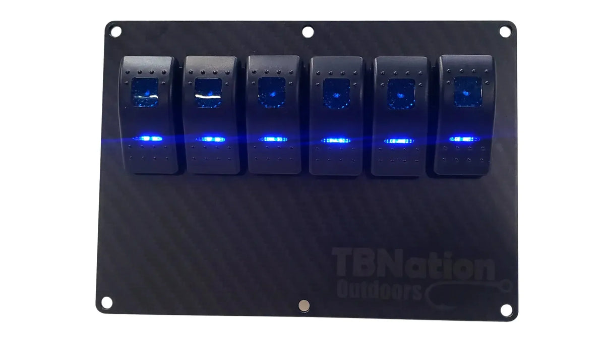 TBNation 6-gang carbon fiber hydro-dipped aluminum switch panel with six blue LED rocker switches.