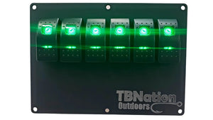 Black TBNation 6-gang hydro-dipped aluminum switch panel with six illuminated green rocker switches.