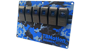 TBNation 6-gang rocker switch panel with blue camo hydro-dipped aluminum plate and blue LED switches.