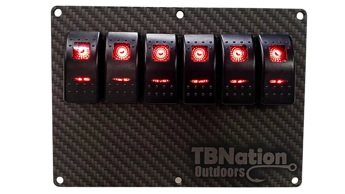 TBNation 6-gang carbon fiber hydro-dipped aluminum switch panel with six red illuminated rocker switches.