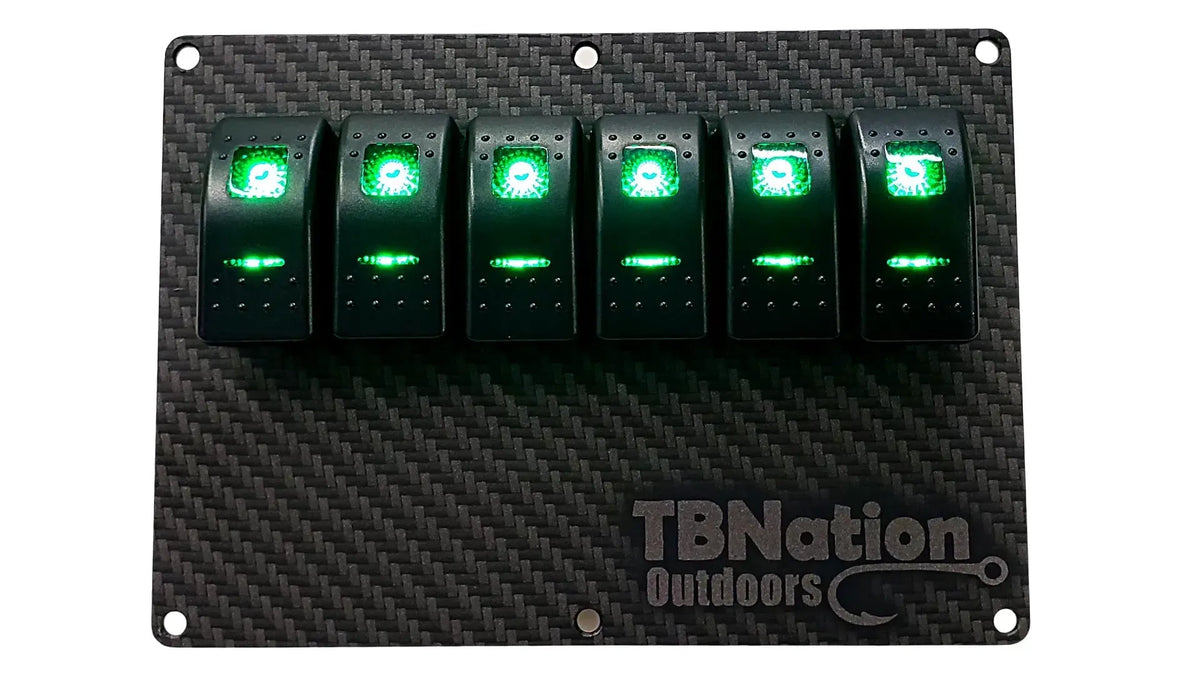 TBNation 6-gang carbon fiber hydro-dipped aluminum switch panel with six green LED rocker switches.