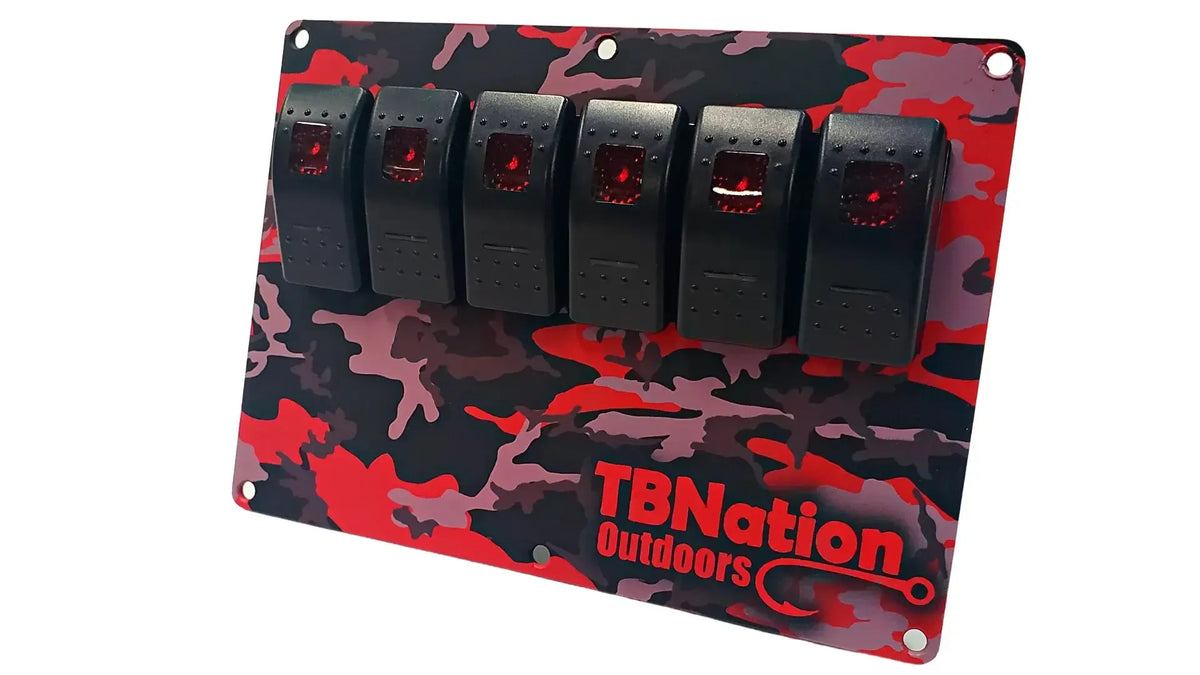 TBNation 6-gang rocker switch panel with red camouflage hydro-dipped aluminum plate and black switches.