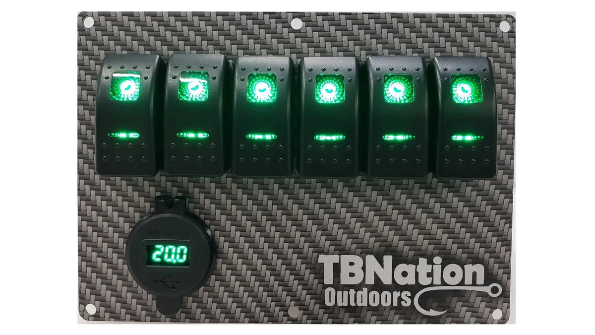 TBNation 6-gang carbon fiber hydro-dipped aluminum switch panel with green LED rocker switches and voltmeter.