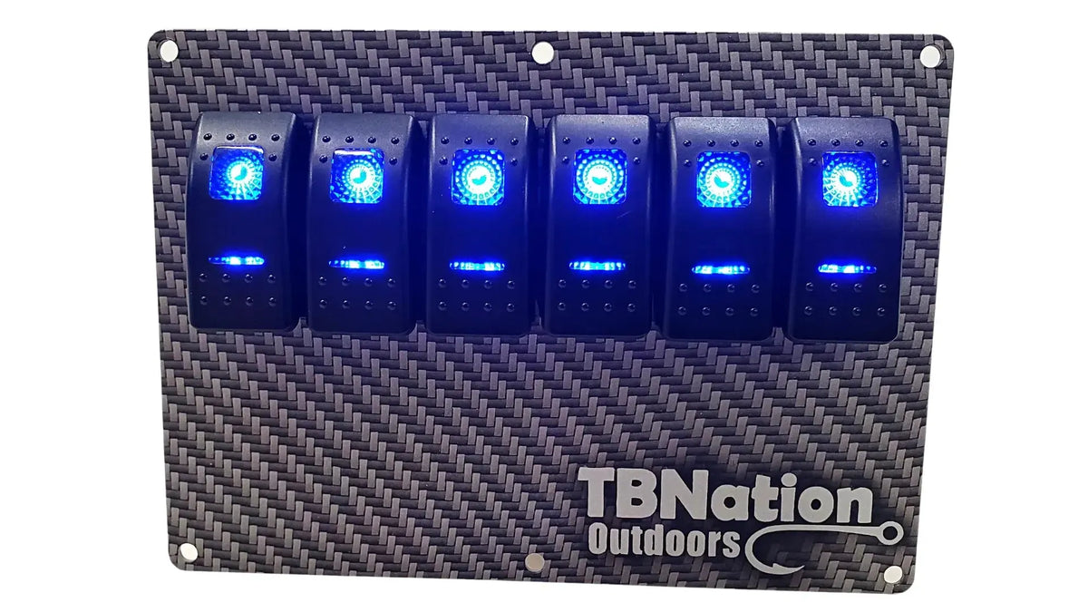 TBNation 6-gang carbon fiber hydro-dipped aluminum rocker switch panel with six illuminated blue switches.