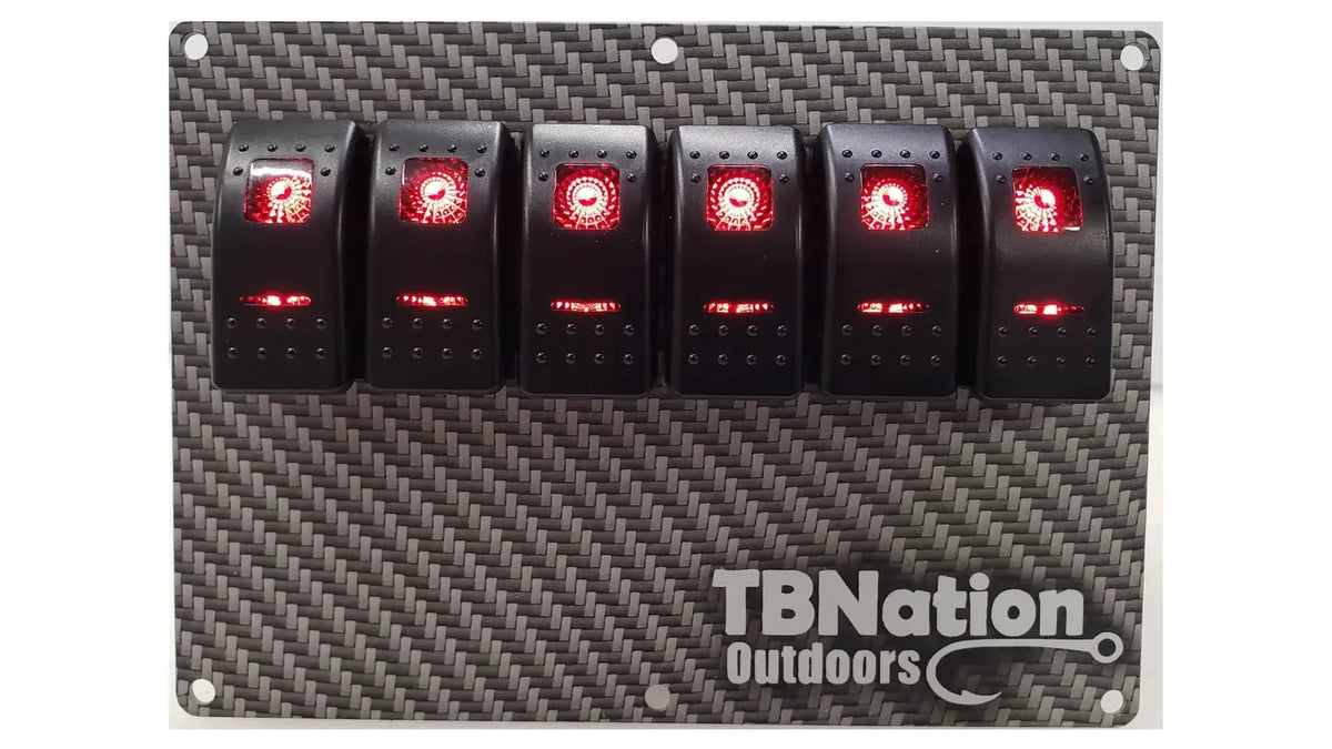 TBNation 6-gang rocker switch panel with carbon fiber hydro-dipped aluminum plate and red LED switches.