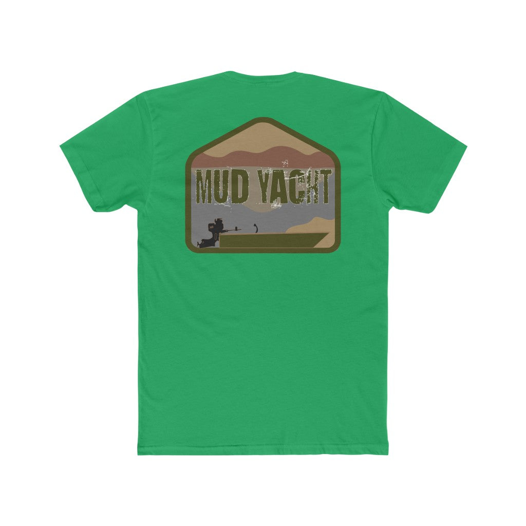 Green "Mud Yacht" t-shirt with a distressed graphic of a boat, mountains, and sky.